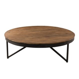 Sixtine - Table Basse Ronde Marron 110x110cm Plateau Teck Recyclé Pieds Métal