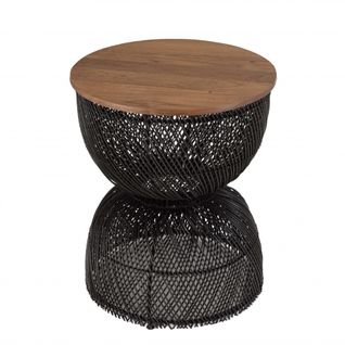 Alida - Table D'appoint En Rotin Noir Plateau En Bois De Teck Recyclé