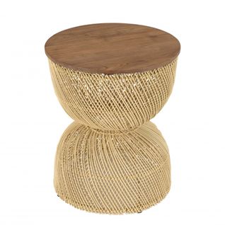Alida - Table D'appoint En Rotin Beige Plateau En Bois Teck Recyclé