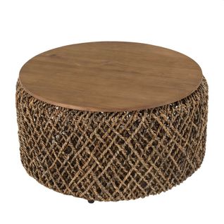 Sixtine - Table Basse Ronde Diam70 Rotin, Plateau Bois Teck Recyclé