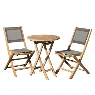 Harris - Salon De Jardin En Bois Teck 2 Pers - 1 Table Ronde Pliante 60 Cm Et 2 Chaises Textilène C