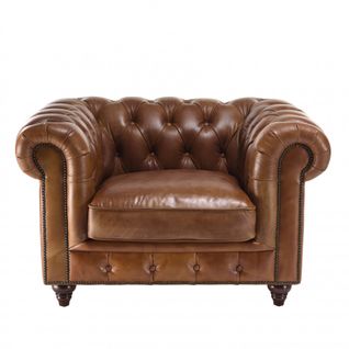 Gaston - Fauteuil Marron Chesterfield Capitonné Vintage 1 Place Cuir Pieds Bois