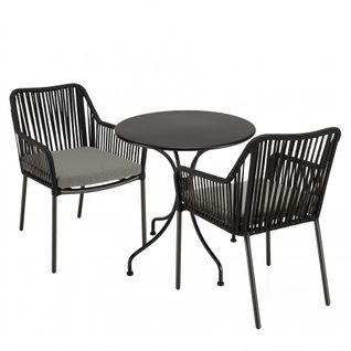 Malo - Salon De Jardin 2 Pers. - Table Ronde 70x70cm Et 2 Fauteuils Gris Et Noirs En Cordage