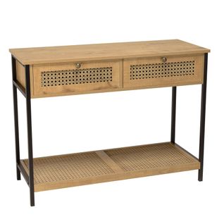 Charlie - Console Bois Marron 2 Tiroirs 1 Étagère Cannage Pieds Métal