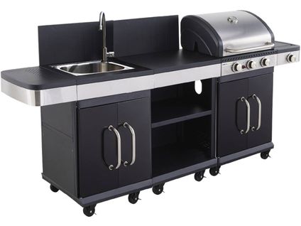 Barbecue Gaz "fidgi 3" + Desserte + Evier - 11.5 Kw - 3 Brûleurs - 242 X 160 X 112 Cm - Noir