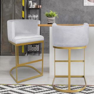 Chaise De Bar Noellie Velours Argent Pieds Or