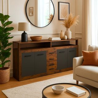 Buffet Style Industriel L190cm 4 Portes Er 4 Tiroirs Lunata Bois Foncé Et Gris