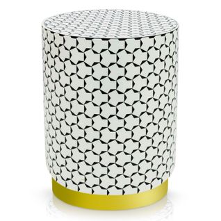Pouf Cylindrique Combino Motif Géométrique Noir Et Blanc Pied Or