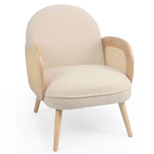 Fauteuil Style Bohème Rondou Accoudoirs Cannage Et Tissu Bouclette Beige