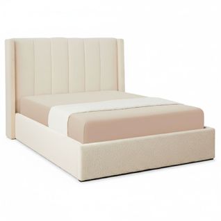 Lit Double Magorial Avec Sommier Relevable 140x190cm Tissu Bouclette Crème