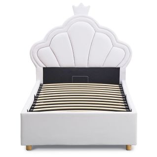 Lit Simple Avec Tête De Lit Coquillage Et Sommier Relevable Queenie Simili Blanc 90x190cm