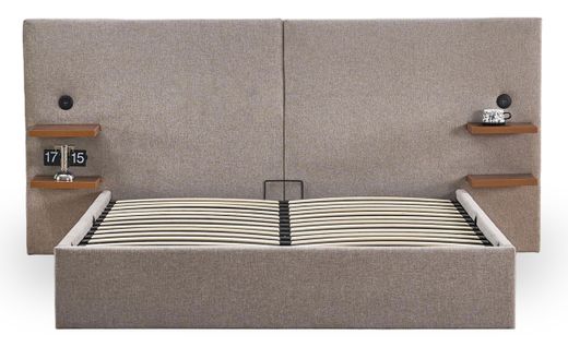 Lit-coffre Complet Avec Tablettes Et Ports USB Intégrés Lukas 140x190cm Tissu Taupe Clair