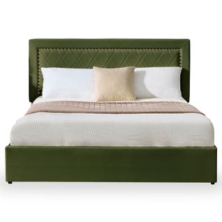 Lit Coffre Sandiego Avec Sommier Relevable 160x200cm Et Tête De Lit Cloutée Velours Kaki