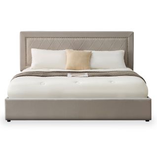 Lit Coffre Sandiego Avec Sommier Relevable 180x200cm Et Tête De Lit Cloutée Velours Taupe