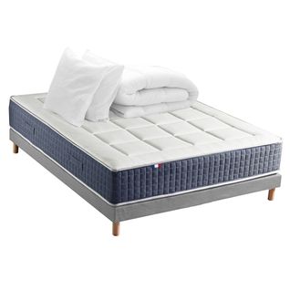 Ensemble Matelas Ressort 7 Zones + Mémoire De Forme + Sommier + Couette + Oreillers 140x190 Gris