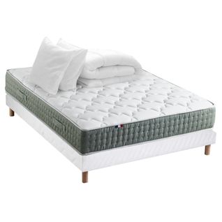 Ensemble Matelas Ressort 7 Zones Hygge + Sommier + Couette + Oreillers 160 X 200 Blanc