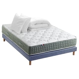 Ensemble Matelas Ressort 7 Zones Hygge + Sommier + Couette + Oreillers 160 X 200 Bleu Denim