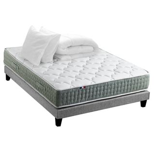 Ensemble Matelas Ressort 7 Zones Hygge + Sommier + Couette + Oreillers 160 X 200 Gris Chiné