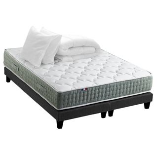 Ensemble Matelas Ressort 7 Zones Hygge + Sommier + Couette + Oreillers 2x80x200 Noir