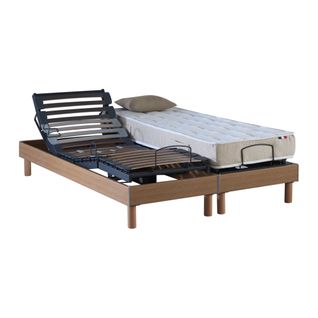 Lit Électrique Relaxation Lattes Chêne Clair + Matelas 100% Latex 2x70 X 190 Cm