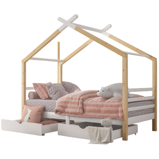 Lit Cabane Enfant Avec Tiroirs 90x200, Bois Massif De Pin  Avec Sommier à Lattes, Blanc