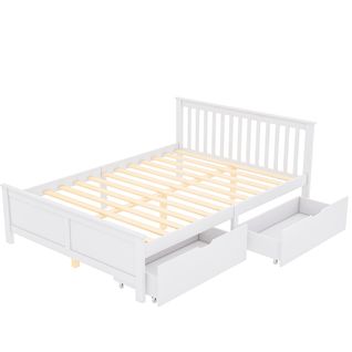 Lit Double En Bois De Pin Massif 140x200, Avec Tiroirs De Rangement, Structure Blanche