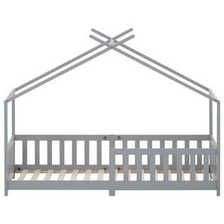 Lit Cabane Pour Enfant 200x90, En Bois Massif Avec Sommier à Lattes Et Protection Contre Chute, Gris