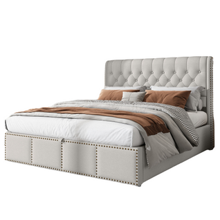 Lit Double Capitonné En Coton Et Lin, Avec Coffre Hydraulique 140x200, Gris Clair