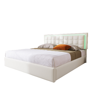 Lit Double Rembourré 180x200 Avec Sommier à Lattes, Espace De Rangement Et LED, En Simili Cuir Blanc