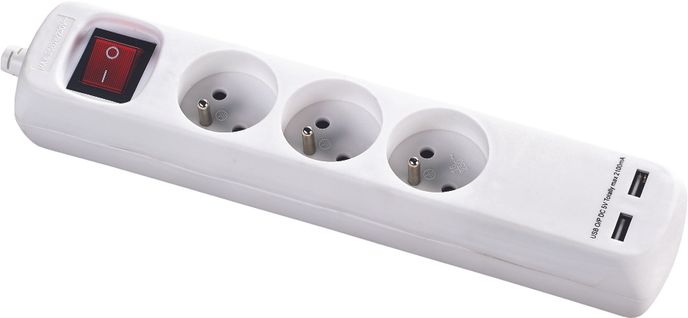 Bloc Multiprise + Interrupteur 3 Prises 2p+t + 2 USB - Dio