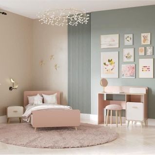 Chambre Complete Enfant - Suzie - Lit 90 X 190 Cm / Chevet / Bureau - Chene / Abricot -