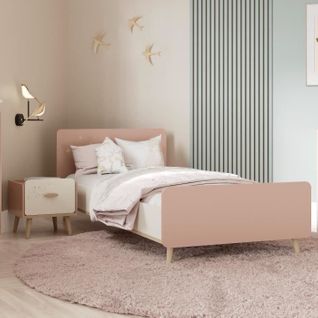 Ensemble Lit Et Table De Chevet - Suzie - 90 X 190 Cm - Chene / Abricot -