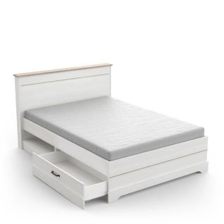 Lit Adulte Cottage 140x190/200 Cm - Mélamine Blanc Et Décor Chêne Kronberg