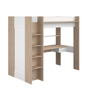 Lit Mezzanine Avec Bureau Et Armoire - 90 X 200 Cm - Coloris : Blanc Et Naturel - Auckland