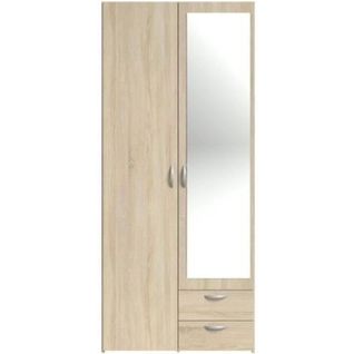 Armoire Varia - Décor Chêne - 2 Portes Battantes + Miroir + 2 Tiroirs - L 81 X H 185 X P 51 Cm
