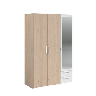 Armoire 3 portes 2 tiroirs avec miroir L.120 cm DAILY imitation chêne et blanc