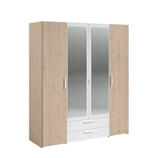 Armoire 4 portes 2 tiroirs L. 160 cm avec miroir DAILY imitation chêne et blanc