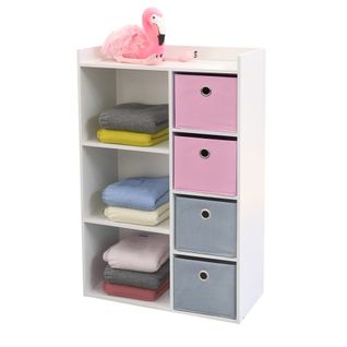 Armoire Enfant 3 Niches 4 Tiroirs Rose Gris Happy
