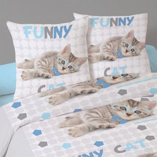 Housse De Couette 200x200 Funny Cat + 2 Taies Coton 41 Fils
