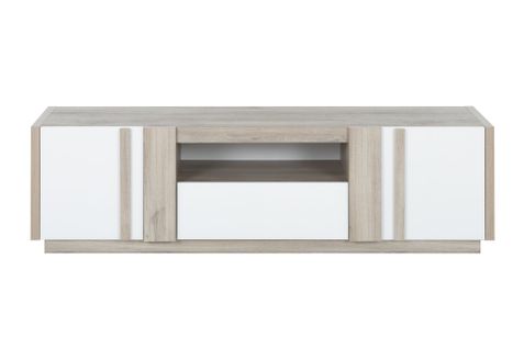 Banc TV Effet Bois Chêne Clair 2 Portes 1 Tiroir Blanc Brillant