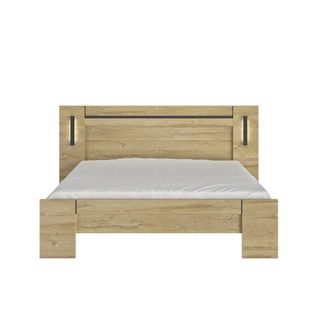 Lit 180cm X 200cm Avec Liseuses LED Et Rangement Effet Bois Chêne Doré