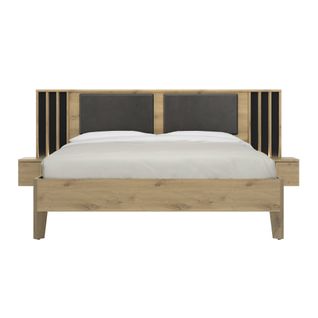 Lit 160cm X 200cm Chevets Lambris Tête Lit LED Effet Bois Chêne Beige