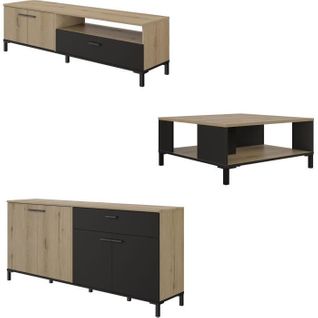 Ensemble Meuble TV, Table Basse Et Buffet Bas - Trust - Chêne / Noir