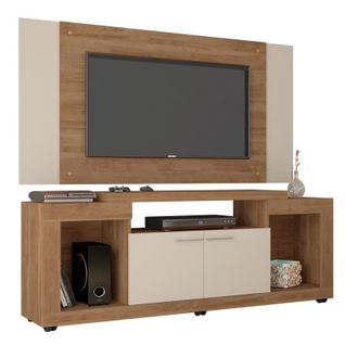 Meuble TV Mural 55 Pouces Chêne Et Ecru 7 Niches L 173 H 160.5 P 38.5 Cm