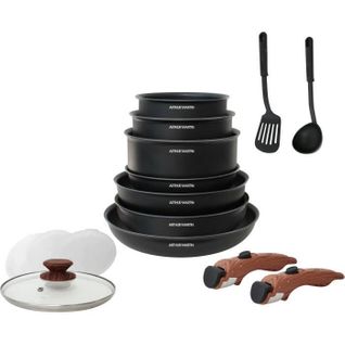 Batterie De Cuisine 15 Pieces  Poignee Amovible Effet Bois  Tous Feux Dont Induction Am1502