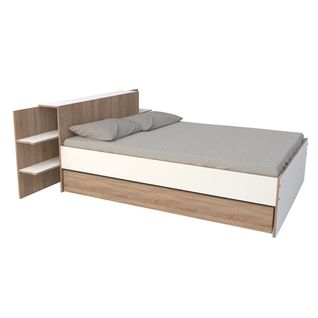 Lit 140x190 Inclus Tête De Lit Avec Chevet Et 1 Petit Tiroir Fara Blanc Et Naturel Blanchi