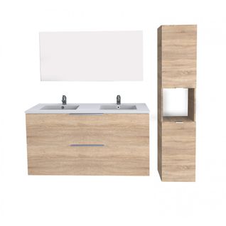 Meuble Sous-vasque Malaga 120 Cm + Vasque + Miroir + Colonne / Décor Chêne Blanchi