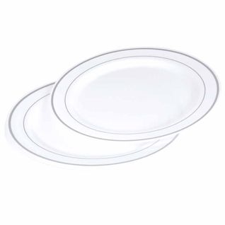 Lot De 6 Assiettes En Plastique Réutilisable "liseré" 19cm Blanc et Argent