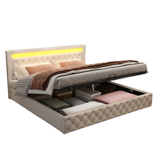 Lit Double Rembourré à LED 180x200 Avec Sommier à Lattes Et Coffre Hydraulique, En Pu Blanc