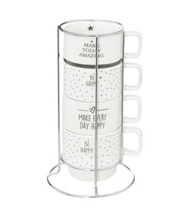 Lot De 4 Mugs En Porcelaine Déco Sur Rack En Inox